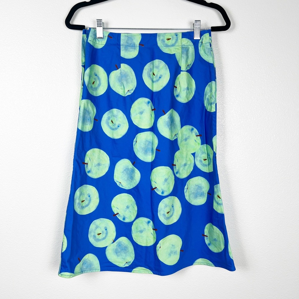 Apple Print A-Line Skirt Blue Green Cotton Pockets XS
